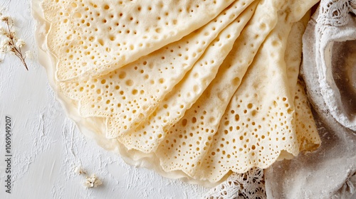 Traditional Norwegian lefse with butter and sugar on a soft cream background, decorated with simple Scandinavian patterns