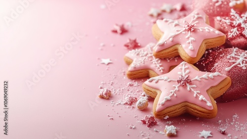 Pink star shaped cookies forming a border on pink background. Christmas cozy and birthday party design. Panorama banner photo