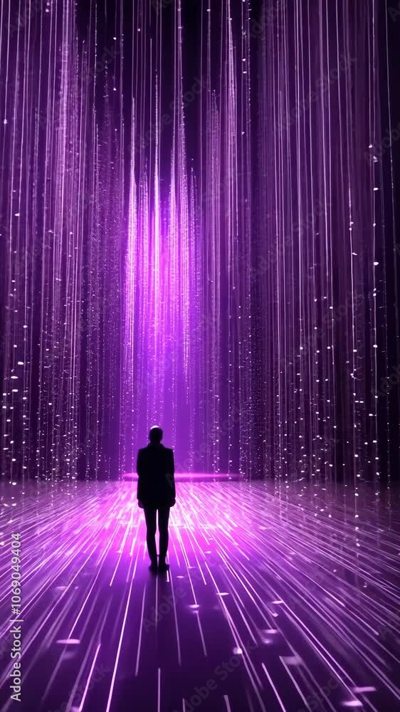 A person stands in the middle of a room filled with a purple light installation A person stands in the middle of a room filled with a purple light installation