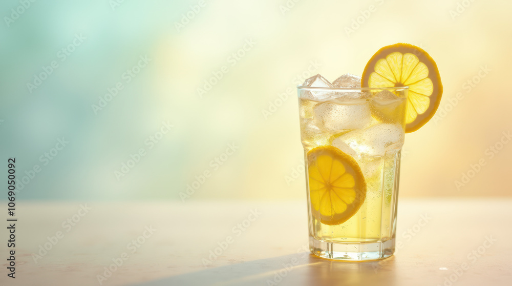 Refreshing glass of iced lemonade with lemon slices and condensation droplets Refreshing glass of iced lemonade with lemon slices and condensation droplets