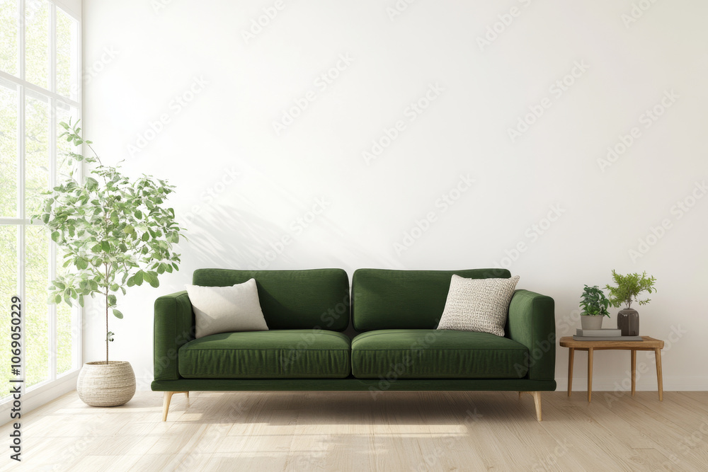 A stylish green sofa is positioned in bright room with large windows, complemented by potted plant and small side table. serene atmosphere invites relaxation and comfort A stylish green sofa is positioned in bright room with large windows, complemented by potted plant and small side table. serene atmosphere invites relaxation and comfort