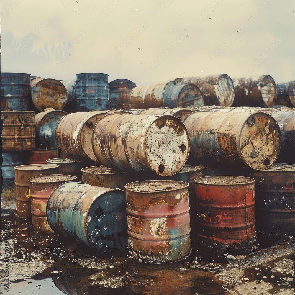 Weathered Industrial Barrels in Junkyard Weathered Industrial Barrels in Junkyard