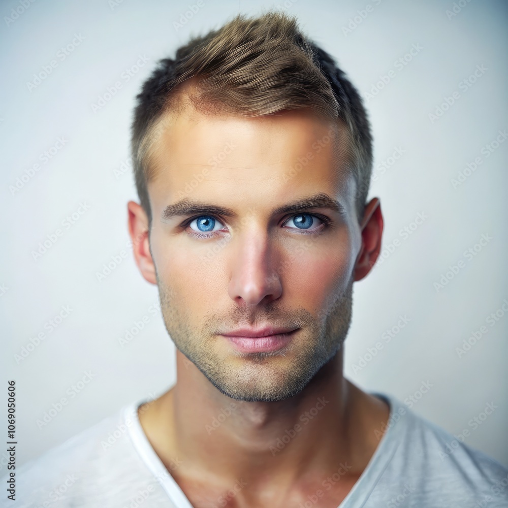 Portrait of a man with short hair and blue eyes, captured in a soft light setting. Generative AI Portrait of a man with short hair and blue eyes, captured in a soft light setting. Generative AI