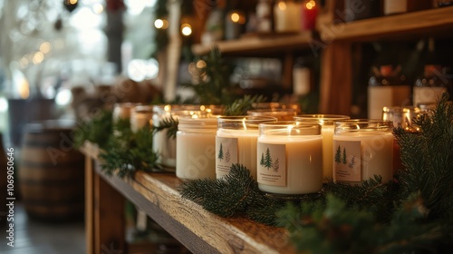 Cozy holiday candles with custom labels displayed with evergreen accents and branding elements in a small shop.