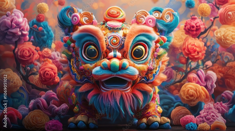 A colorful Chinese lion dance costume with a wide open mouth, surrounded by stylized flowers. A colorful Chinese lion dance costume with a wide open mouth, surrounded by stylized flowers.