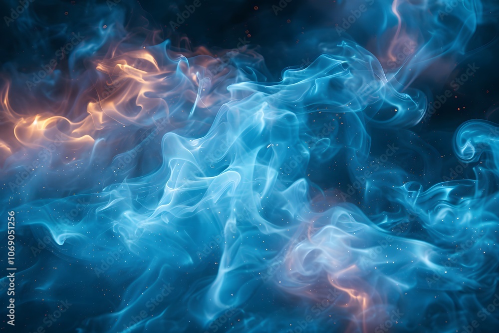 Fototapeta premium Mystical Blue and Orange Smoke with Glowing Particles in Dark Background for Artistic Design