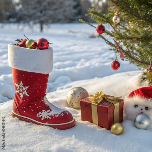 Christmas red boot, Santa Claus, gift box, Christmas balls and a Christmas tree in the snow. Christmas and New Year decorations. photo