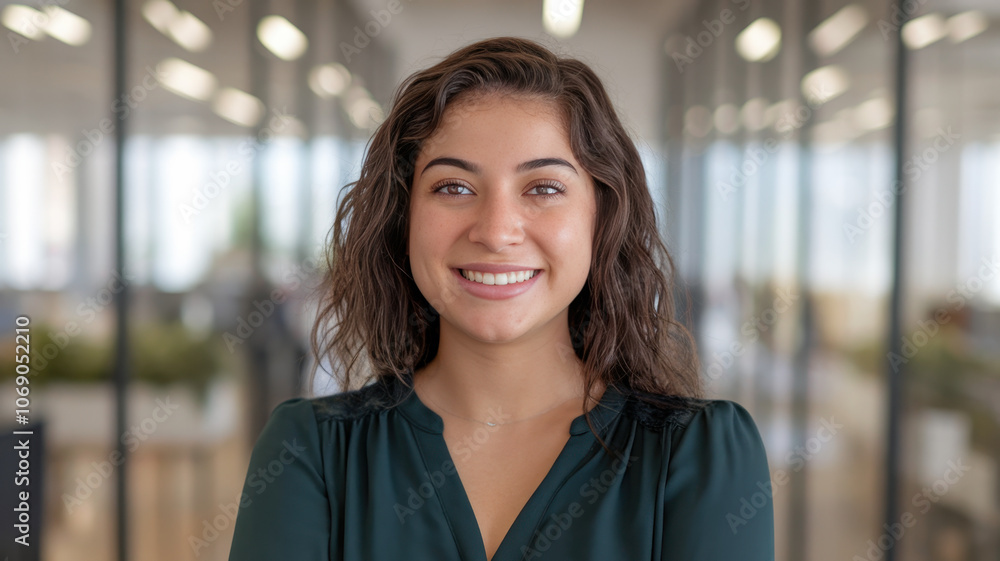 Fototapeta premium A young Latina woman with curly hair smiles confidently in a modern office setting, creating a warm and approachable atmosphere.