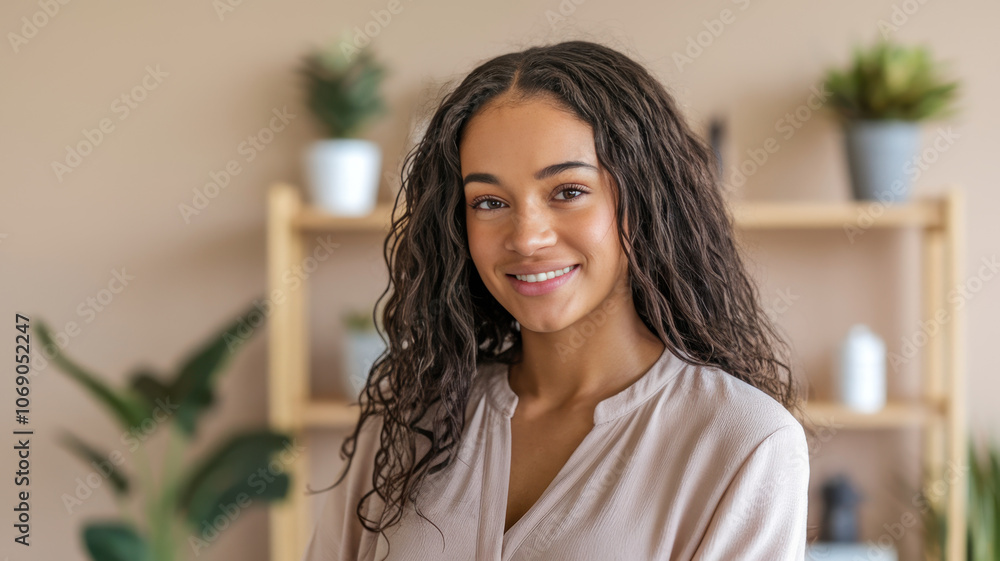 Smiling young woman of mixed ethnicity with curly hair, wearing a light blouse, stands confidently in a cozy room filled with plants and shelves. Smiling young woman of mixed ethnicity with curly hair, wearing a light blouse, stands confidently in a cozy room filled with plants and shelves.