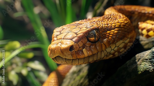 Close up image of realistic snake resting in its habitat image