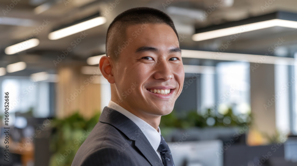 A young Asian man in a tailored suit smiles confidently in a modern office environment, showcasing professionalism and a positive attitude. A young Asian man in a tailored suit smiles confidently in a modern office environment, showcasing professionalism and a positive attitude.