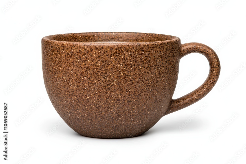 A rustic brown ceramic cup with a textured surface, perfect for serving hot beverages or as a decorative piece in a kitchen. A rustic brown ceramic cup with a textured surface, perfect for serving hot beverages or as a decorative piece in a kitchen.