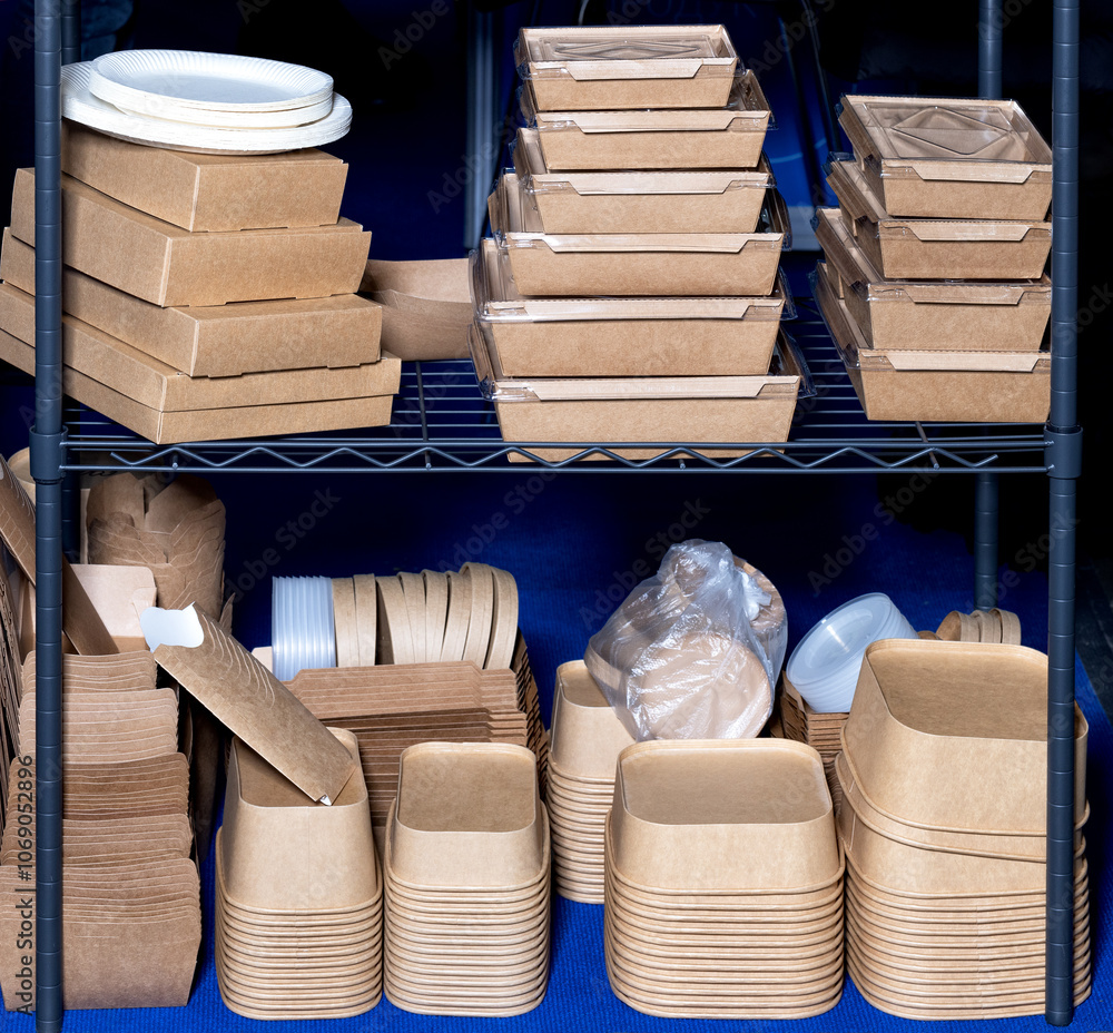Neatly organized eco-friendly food packaging displayed in storage shelves for sustainable dining.