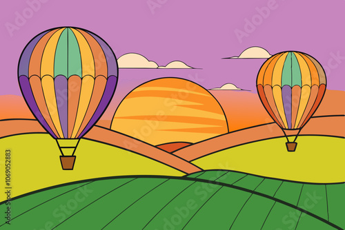 Design a Countryside Sunset Scene with Vibrant Hot Air Balloons Soaring Over Rolling Fields and Hills