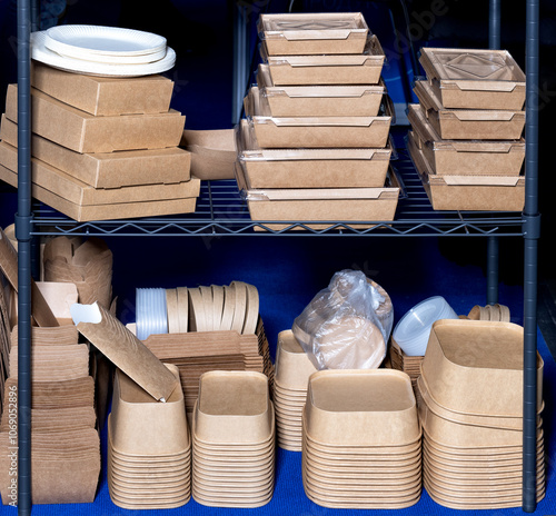 Neatly organized eco-friendly food packaging displayed in storage shelves for sustainable dining. photo