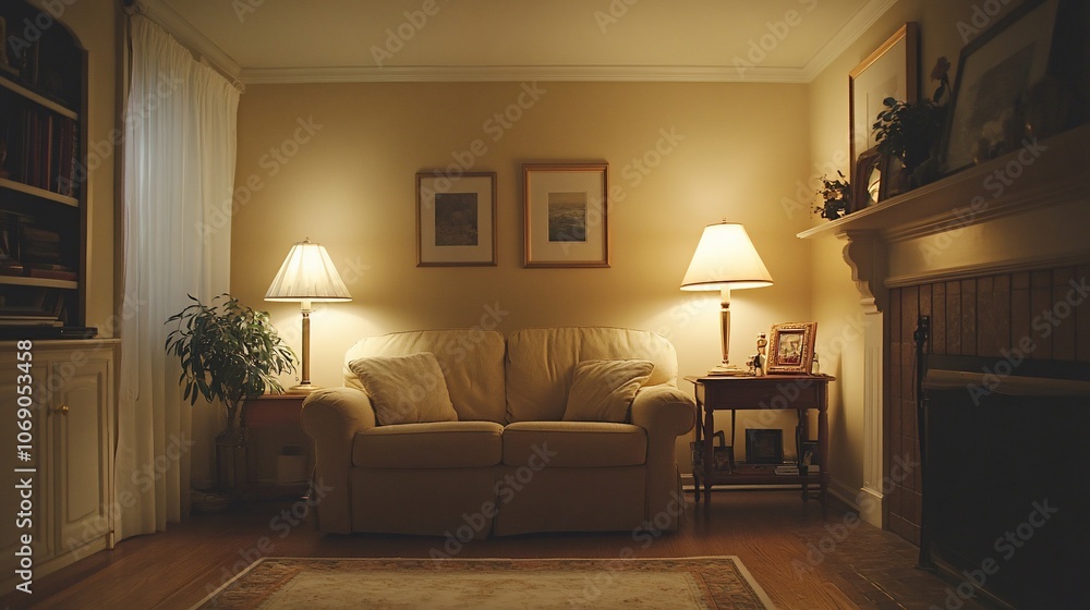 A cozy living room with a white couch, two lamps, a fireplace, and a rug on the floor. A cozy living room with a white couch, two lamps, a fireplace, and a rug on the floor.
