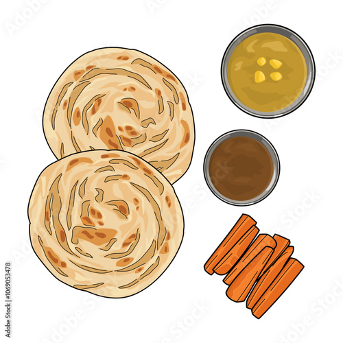 Roti canai or paratha indian traditional food, chapati, flat bread, parotta, vector illustration.