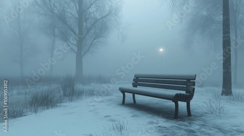 Lonely snowy park bench in winter landscape with leafless tree and misty atmosphere, reflecting solitude and melancholy on Blue Monday, cold winter day with overcast sky and frozen ground