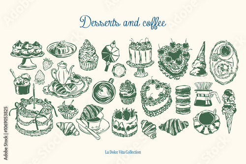 Minimal hand drawn dessert and coffee vector illustration collection. Art for greeting cards, wedding invitations, poster design, postcards, branding, logo design, background. Matisse style doodles.