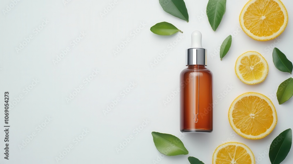 Vitaminrich facial serum bottle with pipette, citrus slices around, bright white backdrop Vitaminrich facial serum bottle with pipette, citrus slices around, bright white backdrop