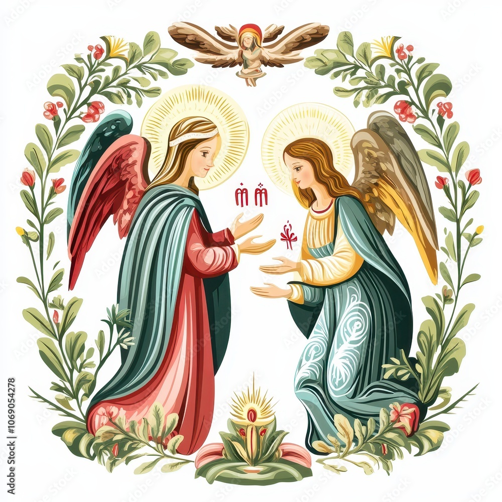 Fototapeta premium Annunciation with March 25 date, traditional religious symbols, festival-inspired design, isolated on white background