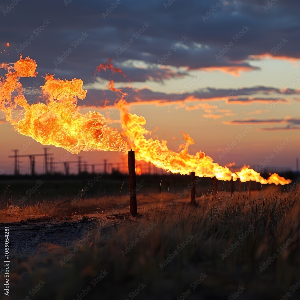 Fototapeta premium Industrial Gas Flares at Sunset
