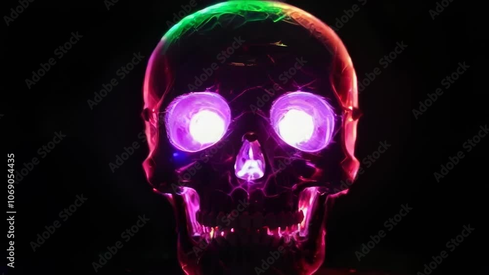 A glowing neon skull creates an ethereal atmosphere through vibrant colors and cinematic effects. A glowing neon skull creates an ethereal atmosphere through vibrant colors and cinematic effects.