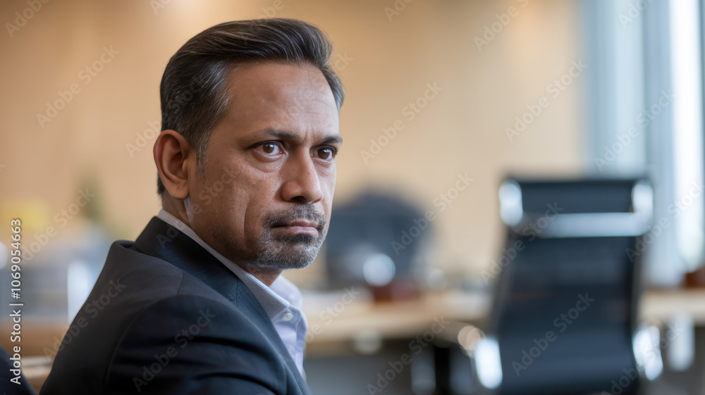 Serious South Asian male executive in a dark suit, focused on his work in a modern office setting with soft lighting and an organized desk in the background. Serious South Asian male executive in a dark suit, focused on his work in a modern office setting with soft lighting and an organized desk in the background.