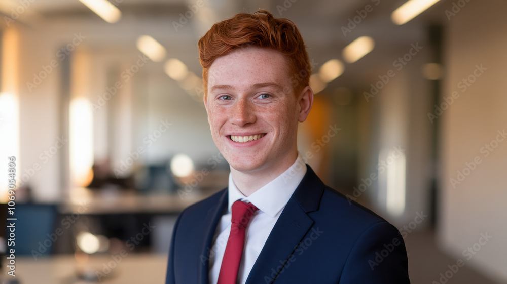 Fototapeta premium A smiling Caucasian male with red hair and freckles in a professional suit, exuding confidence in a bright office setting.