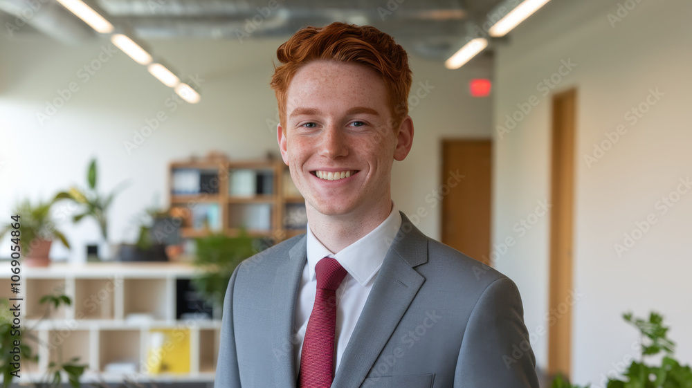 A confident young Caucasian male in a light gray suit and red tie smiles warmly while standing in a modern office with greenery in the background. A confident young Caucasian male in a light gray suit and red tie smiles warmly while standing in a modern office with greenery in the background.
