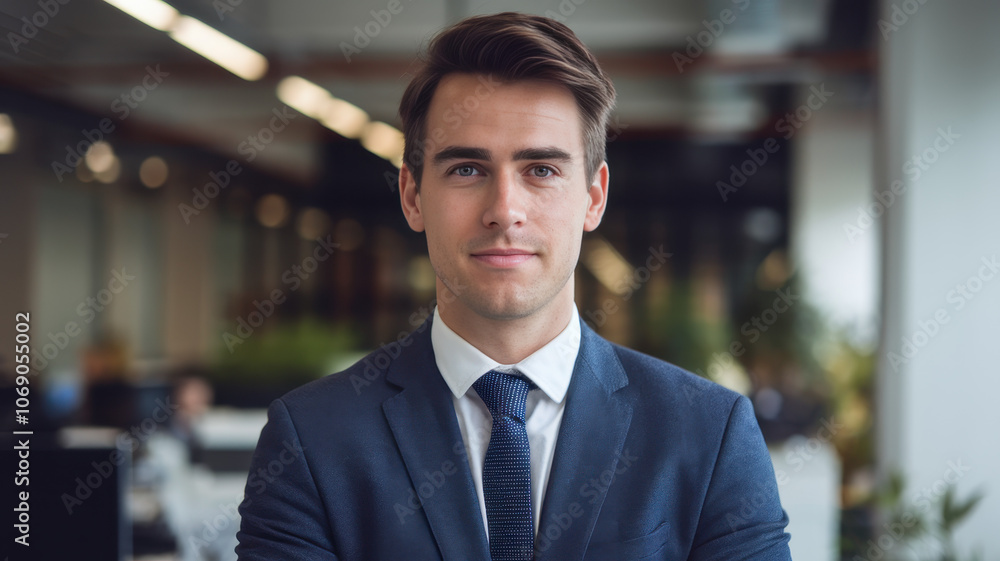 A confident Caucasian man in a suit stands with arms crossed in a modern office, exuding professionalism and determination. A confident Caucasian man in a suit stands with arms crossed in a modern office, exuding professionalism and determination.