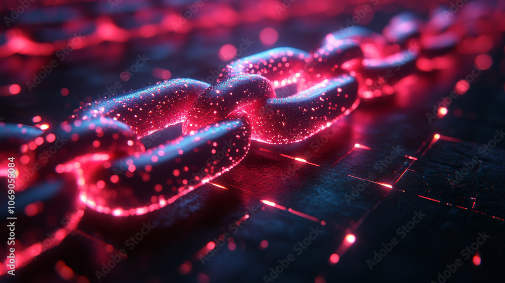 glowing red neon holographic chain is showcased on dark surface, creating captivating visual effect with sparkling details glowing red neon holographic chain is showcased on dark surface, creating captivating visual effect with sparkling details