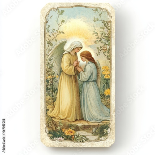 Classic Annunciation prayer card, soft and reverent depiction of Mary and Gabriel, isolated on white background