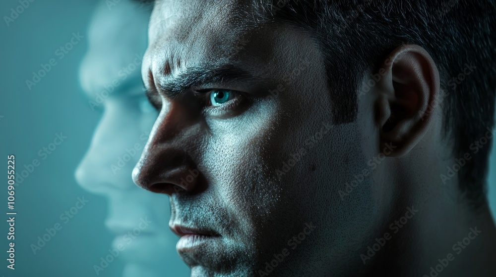 man serious expression portrays emotions associated borderline personality disorder capturing feelings impulsiveness and inner conflict moody lighting. man serious expression portrays emotions associated borderline personality disorder capturing feelings impulsiveness and inner conflict moody lighting.