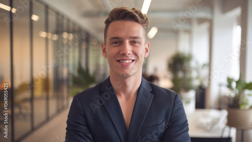 Confident young Caucasian businessman in a stylish blazer, smiling warmly in a modern office setting filled with greenery.