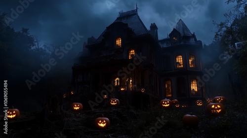 A mysterious old mansion illuminated by glowing jack-o'-lanterns during a foggy Halloween night