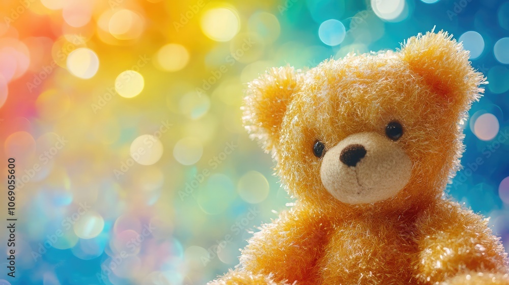 A cuddly teddy bear sits in front of a bright, colorful bokeh background. A cuddly teddy bear sits in front of a bright, colorful bokeh background.