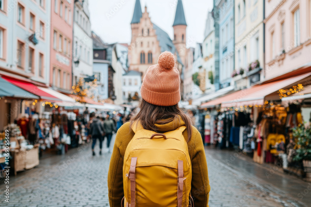 Exploring charming market street, traveler with yellow backpack and cozy hat enjoys vibrant atmosphere of colorful buildings and festive stalls Exploring charming market street, traveler with yellow backpack and cozy hat enjoys vibrant atmosphere of colorful buildings and festive stalls