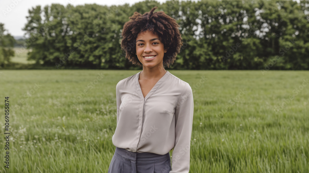 A young African American woman with curly hair smiles confidently in a lush green field, wearing a light blouse and dark pants, surrounded by nature's beauty. A young African American woman with curly hair smiles confidently in a lush green field, wearing a light blouse and dark pants, surrounded by nature's beauty.