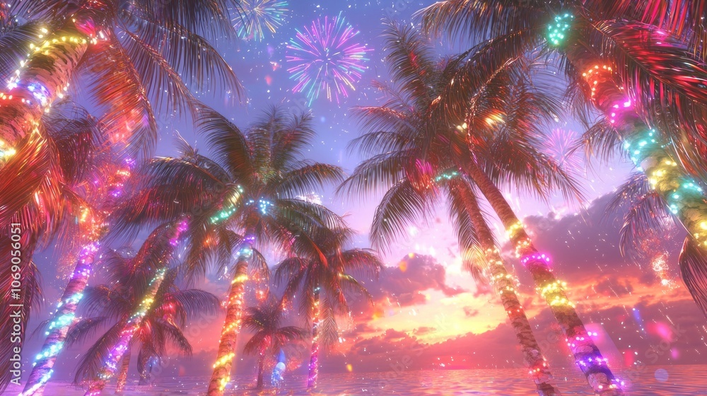 Tropical New Year Extravaganza: Vibrant Sunset Beach Party with Palm Trees, Colorful Lights, and Fireworks Display Tropical New Year Extravaganza: Vibrant Sunset Beach Party with Palm Trees, Colorful Lights, and Fireworks Display
