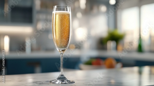 Sparkling Champagne Glass with Bubbles on Countertop photo