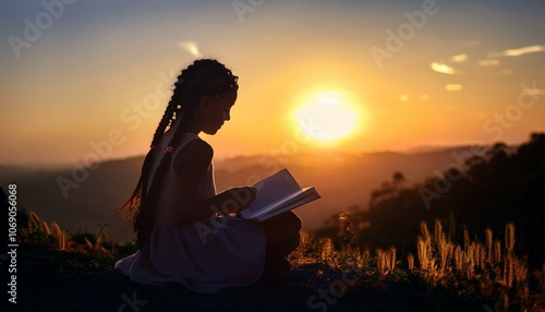 Girl reading a book such as a story, novel, etc. The concept of working, studying, school and having a good time.
