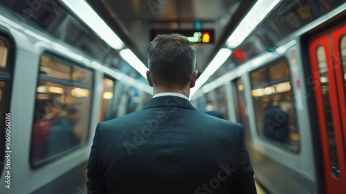 businessman dressed smart suit travels work subway surrounded fellow commuters busy morning rush hour. interior reflects modern urban setting.