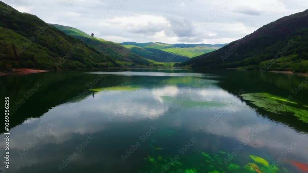 A serene lake reflecting colorful landscapes, surrounded by lush mountains and dynamic cloud formations, showcasing natural beauty. A serene lake reflecting colorful landscapes, surrounded by lush mountains and dynamic cloud formations, showcasing natural beauty.