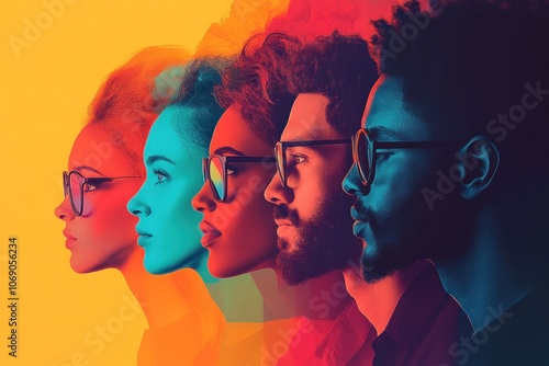 A group of four diverse people in profile with bright colors and sunglasses against a yellow background.