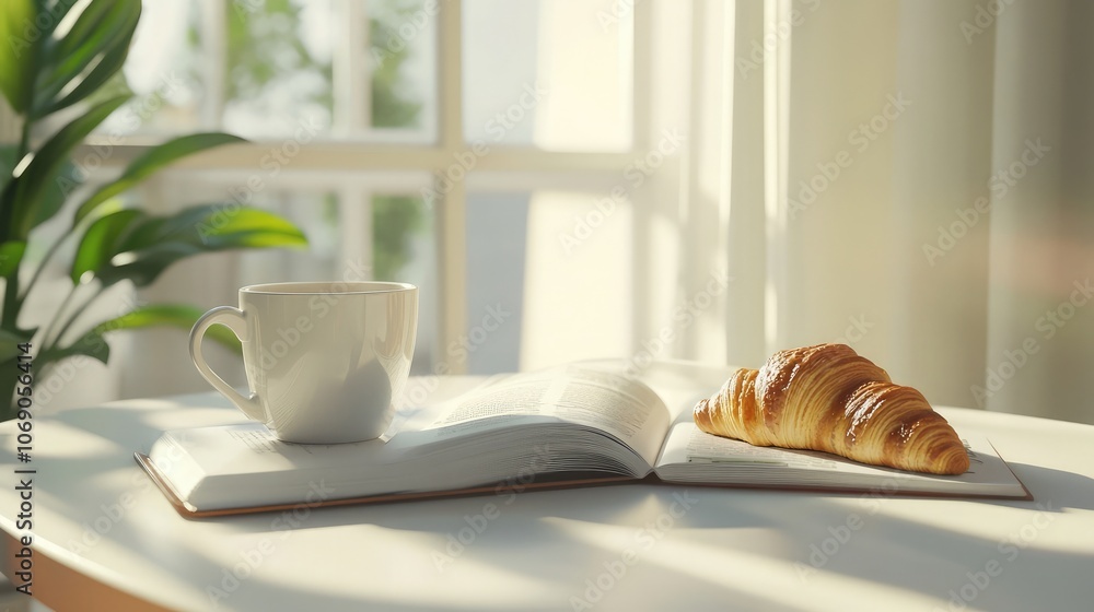 A cup of coffee, a croissant, and a book - the perfect setup for a relaxing morning. A cup of coffee, a croissant, and a book - the perfect setup for a relaxing morning.
