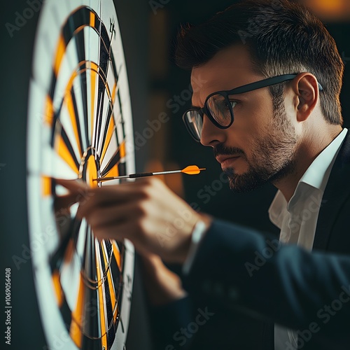 A businessman, poised with an arrow, aims at a virtual dartboard representing business investments photo