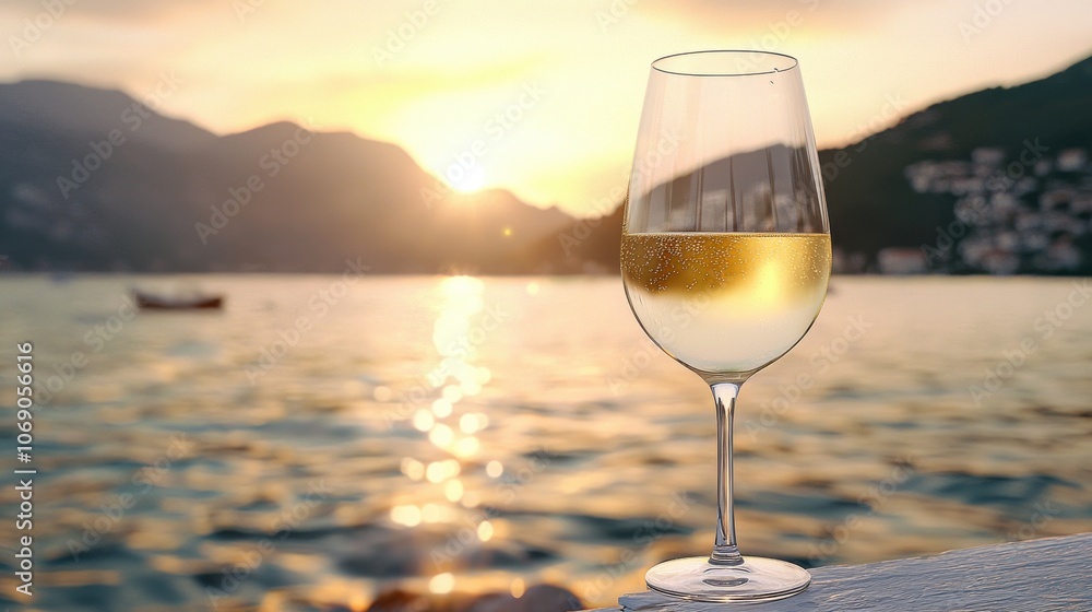 White Wine Glass Against a Beautiful Sunset Background White Wine Glass Against a Beautiful Sunset Background