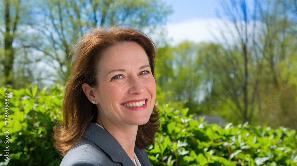 A smiling Caucasian woman in a professional gray suit poses outdoors against a backdrop of vibrant greenery, exuding confidence and warmth on a sunny day. A smiling Caucasian woman in a professional gray suit poses outdoors against a backdrop of vibrant greenery, exuding confidence and warmth on a sunny day.