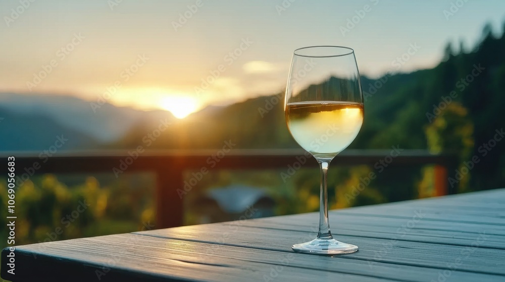 Glass of Wine on Terrace at Sunset Glass of Wine on Terrace at Sunset